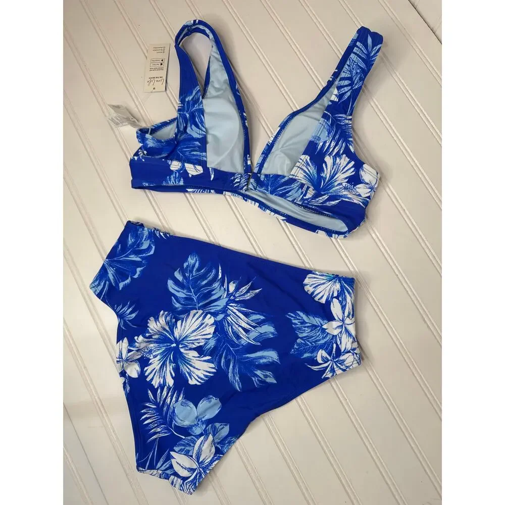 NWT Cupshe X Iskra Cobalt Floral Bikini Top & High-Waisted Bottoms Set BUNDLE M